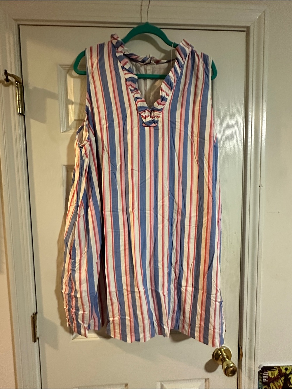 crown & ivy Sleeveless Ruffle V-Neck Dress - Blue, White & Pink Stripes